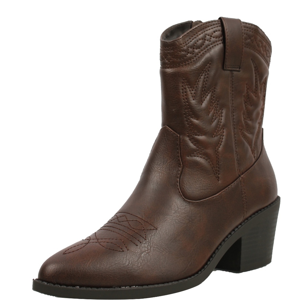 Brown Faux Leather Cowboy Pull On Mid Calf Boot - Picture 2 of 8